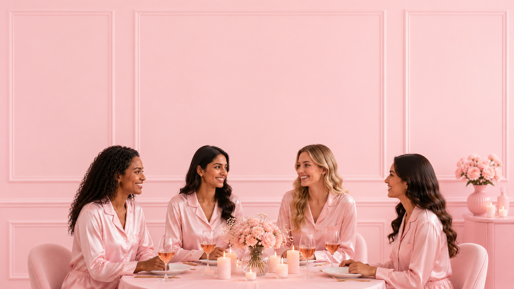 Women in pink pajamas at a cozy PinkRoom gathering